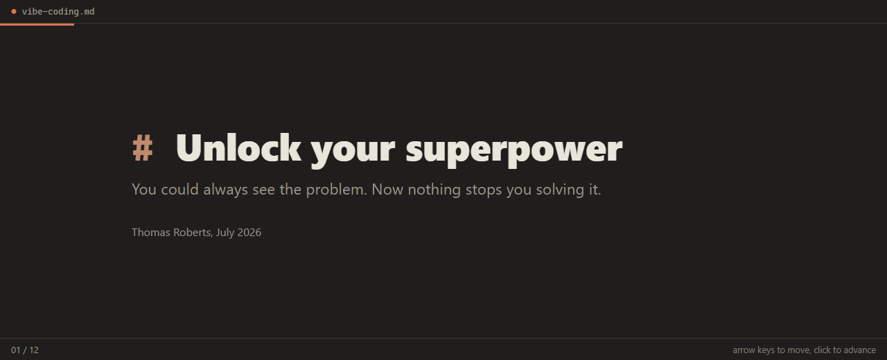 Opening slide of the Vibe Coding training deck, titled 'Unlock your superpower'